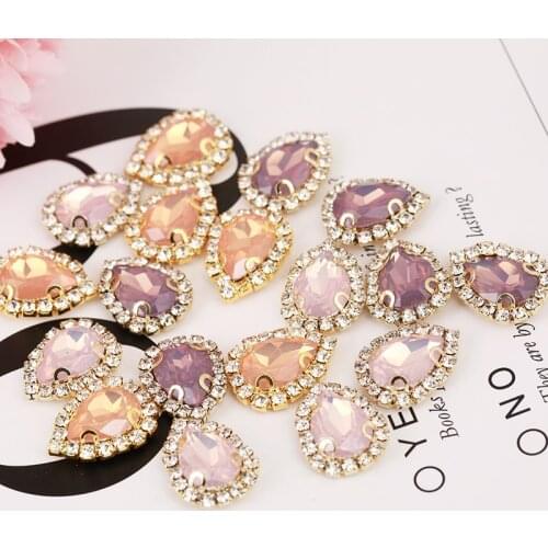 10x14mm Teardrop Pink/Peach Opal Sew On Rhinestone Buckle Flatback Gold Claw Sewing Opal Color Resin Rhinestone DIY Accessories
