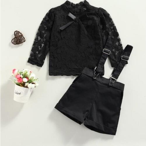 Baby Girls 2Pcs Clothes Set Black Long Sleeve Floral Lace Cotton T shirt Tops Suspender Shorts Set Childrens Sets