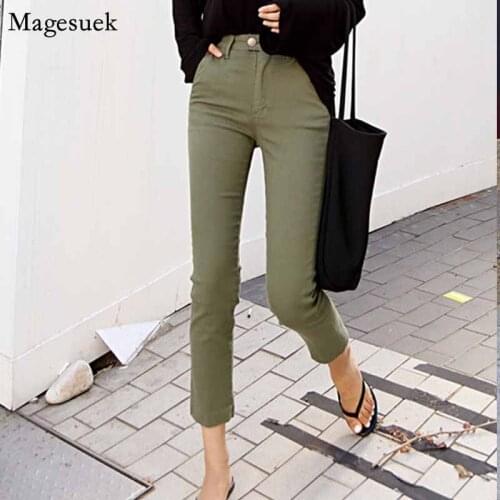 2020 Autumn Korean High Waist Casual Elastic Straight Pants Army Green Jeans Women Jeans Stretch Jeans for Women Mujer 10415