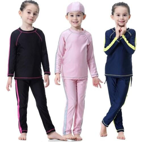 3pcs Kids Girls Muslim Conservative Cover Swimsuit Islamic Long Sleeve Swimwear Patchwork Hooded Jacket And with Cap XX-423