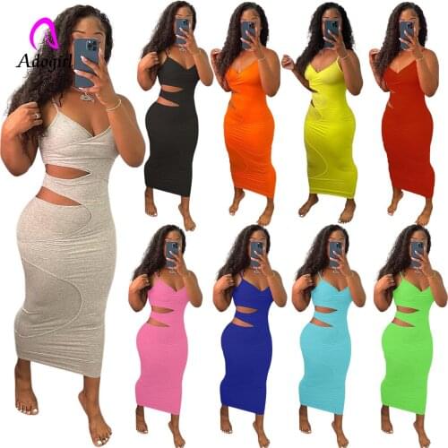 Adogirl Neon Cutout Waist Sexy Long Maxi Dress Women Shape Streetwear Sleeveless Skinny Slim Bodycon Vestidos Sense of Design