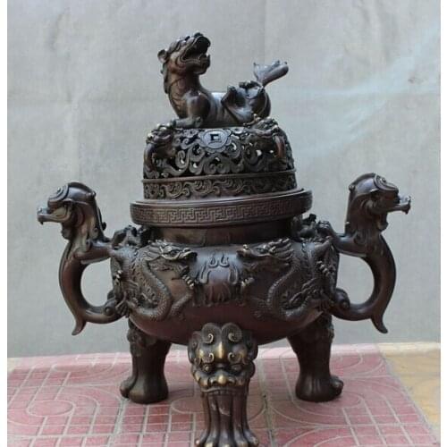Bi002116 26" Folk Tibet Pure Bronze Dragon Lion Statue Buddhism Incense Burner Censer