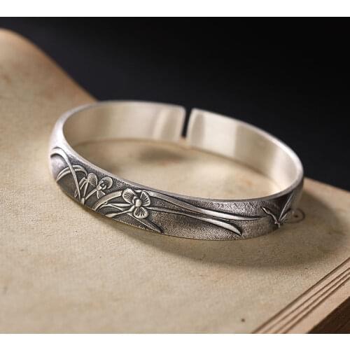 999 Sterling Silver retro orchid National Style Bracelet womens solid mouth silver bracelet mothers Day gift to Mom