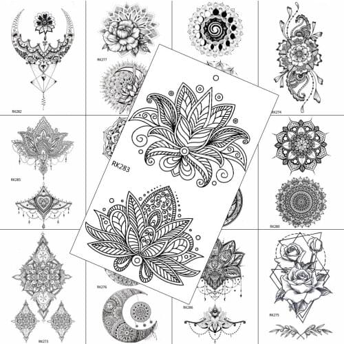 Black Henna Flower Temporary Tattoos Sticker Chains Fake Jewelry Body Art Chest Tattoo For Women Beauty Waterpoof Tattoo Holiday