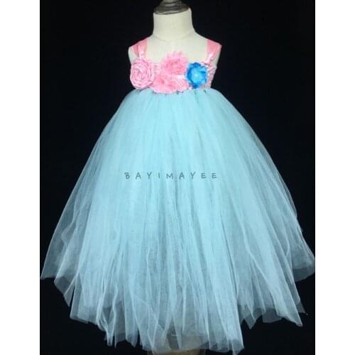 Little Girls Pearl Flower Blue Tutu Dress Kids Crochet Fluffy Tulle Tutus Ball Gown with Ribbon Bow Children Custom Party Dress
