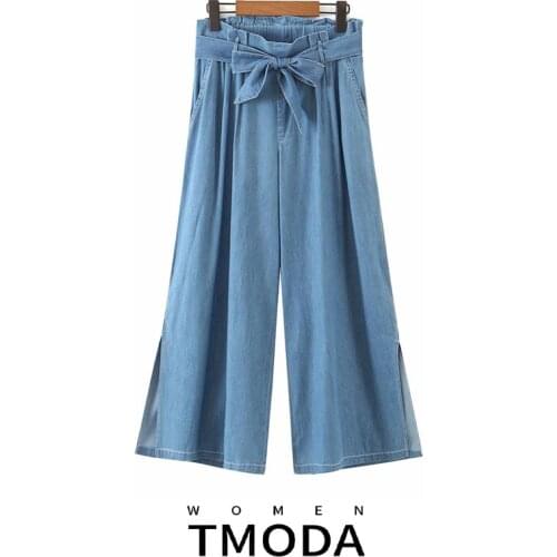 Women Korean Fashion Summer Thin Pants Wide Leg Jeans Kawaii Frill Bow Sashes High Waist Denim Pants Ankle Length Loose Pants
