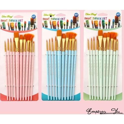 10Pcs/set Nylon Artist Paint Brush Professional Watercolor Acrylic Wooden Handle Painting Brushes Art Supplies Stationery