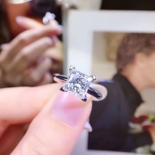Solid 18K White Gold Princess Brilliant Cut 1 ct DF Moissanite Solarite Lab Diamond Engagement Ring For Women
