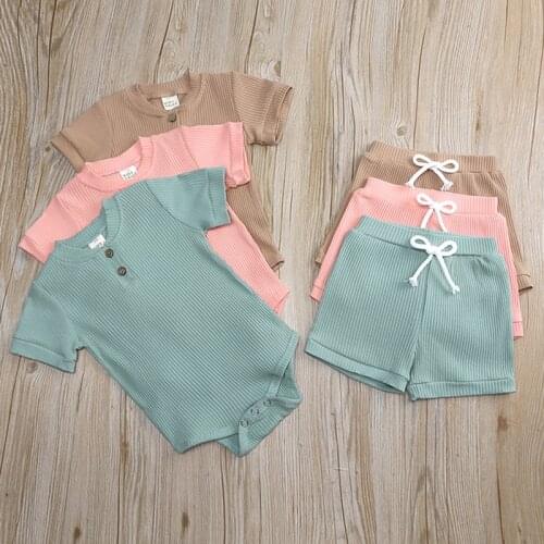 Summer Infant Baby Boys Girls Short Sleeve Rompers + Shorts Fashion Clothing Sets Kids Boy Girl Pure Color Clothes Suits