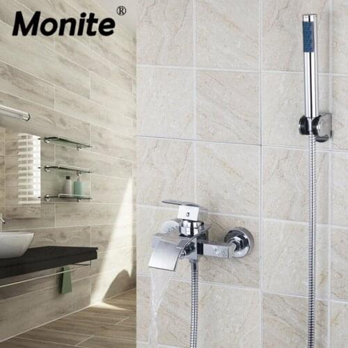 Monite Soild Brass Bathroom Bathtub Mixer Faucet Chrome Waterfall Tap Wall Mounted With Handle Spray Mixer Tap Faucet