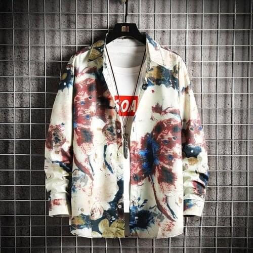 Hawaiian Style Hip Hop Tie Dye Snap Button Long Sleeve Shirts Mens Long Sleeve Print Shirts Men Slim Fit