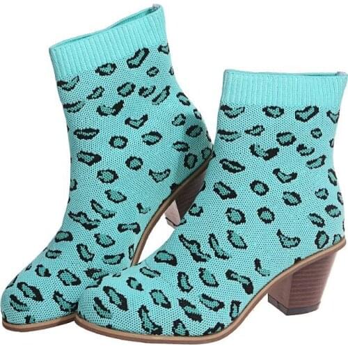 2021 New Female Sock Boots Short Mid Heels Women Pumps Square Heel Fashion Leopard Plus Size Woman Casual Shoes Slip on Knitting