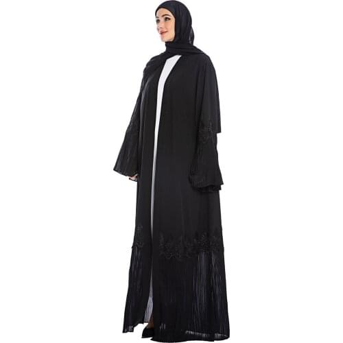 New Middle East Islamic Suit Oman Pleated Sleeve Cardigan Robe Long Dress for Muslim Women Dubai Abaya Wholesale Suppliers Black