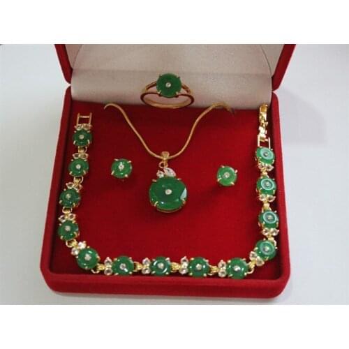New design! wonderful green jades bracelet earrings ring & pendant 4pc set