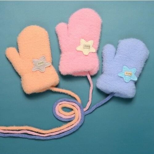 Winter Baby Gloves Solid Color Star Patch Boy Girl Kids Mittens With Rope Warm Outdoor Infant Toddler Full Finger Gloves