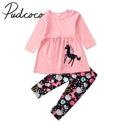 Hot Pudcocolovely Toddler Kid Baby Girl Unicorn Tops Dress + Floral Pants Outfits Set Clothes