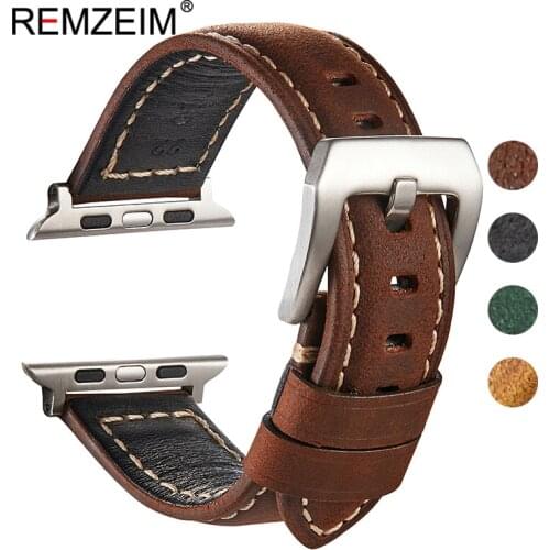 REMZEIM Handmade Vintage Bracelet Crazy Horse Skin Leather Band For Apple Watch 44mm 40mm 42mm 38mm 6 SE 5 4 3 Strap Watchband