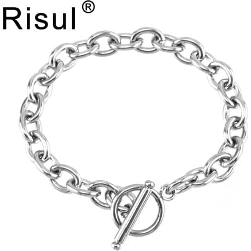 Risul Stainless Steel T bar Bracelets for Mens Women Toggle Clasps Connectors bangle Rolo 4/6/8mm chain Gift Cuff Bangles