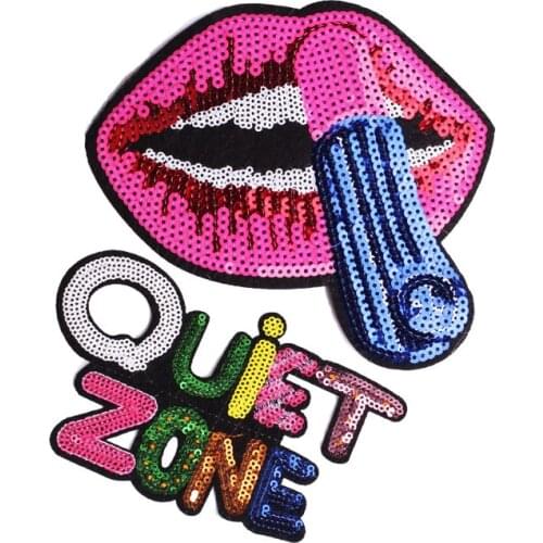 Pink Lipstick Letter Sequin Applique Iron On Patches Embroidery Stickers Badges Decorations For Clothes Bag T Shirt Jeans Jacket