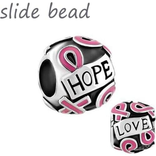 Slide beads Classic Pink Ribbon Love Charm Beads Fit Pandora bracelets and DIY Fashion for Women DIY Jewelry Making