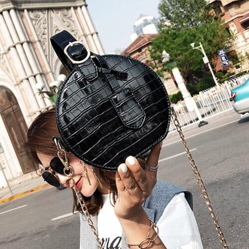 Stylish Round Messenger Thin Chain Crossbody Bag Women Personality PU Leather Shoulder Handbags Portable Travel Shopping Purse