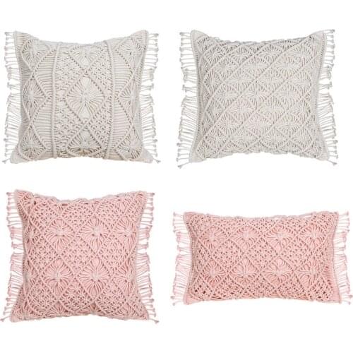 T21D Macrame Throw Pillow Case with Fringe Tassel Farmhouse Bohemian Handmade Crochet Diamond Woven Decorative Cushion Cover