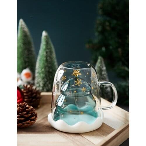 Free Shipping Christmas Tree Mug Innovative Christmas Gift Drinkwares Double-layered Thermal Glass New Year Decoration with Lid