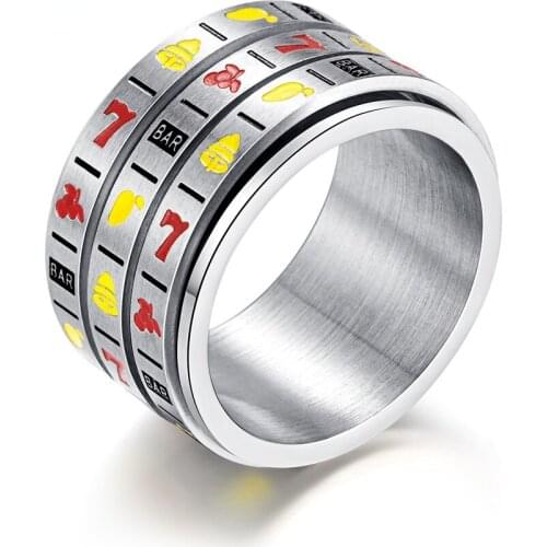 MIQIAO Stainless Steel Titanium Rotatable Spinning Fruit Machine Gaming Vintage Boho Rings for Women Men Couple Gift Jewelry Ane