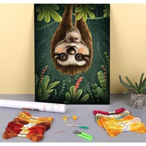 Animal Sloth Printed Fabric 11CT Cross Stitch DIY Embroidery Complete Kit DMC Threads Handmade Needlework Craft Magic