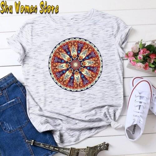 Women T-shirt Harajuku Vintage Round Totem Print Short Sleeve Cartoon Gothic Punk Hip Hop Oversized T Shirt Female Tops