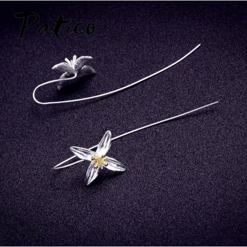 Elegant Lilac Flower Design 925 Sterling Sliver Drop Line Long Earrings piercing Jewelry for Women Wedding