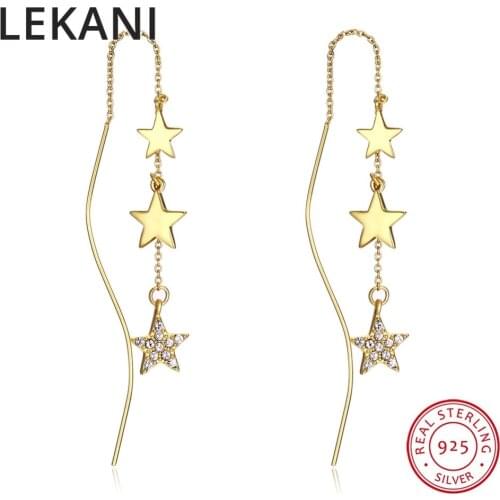 LEKANI Chic Stars Drop Earrings Crystals From Swarovski For Women Party Gifts Long Chain Gold Color Real S925 Silver Piercing