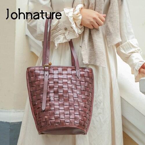 Johnature Genuine Leather 2021 New Luxury Handbags Women Bags Designer Fashion Nature Cowhide Versatile Lady Shoulder Bags