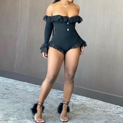 Ladies Sexy Off Shoulder Ruffle Bodysuit Skinny Body Tops Streetwear Women Long Sleeve Slash Neck Solid Jumpsuit Romper Leotard