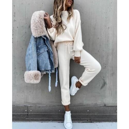 Womens autumn and winter new fashion casual high-neck plush + pants two-piece suit