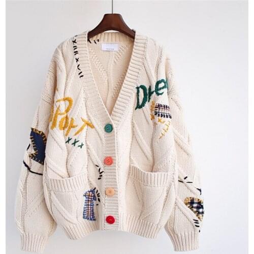 2020 Autumn Winter Women Cardigan Knitted Sweater Korean Fashion Long sleeve Pocket Embroidery Sweaters Loose Womens Tops H581