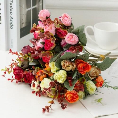 1 Bundle Silk Tea Roses Bride Bouquet for Christmas Home Wedding New Year Decoration Fake Plants Artificial Flowers
