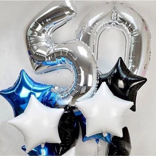 11pcs/lot Large Size 32inch sliver Foil 50 Number Balloons with blue Star balls adult Birthday Party Decoration Helium supplies