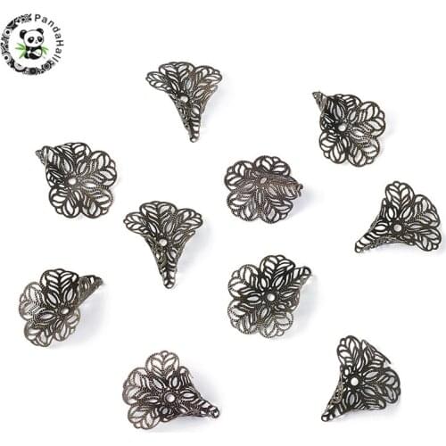100Pcs 3-Petal Brass Flower Filigree Bead Caps Spacer Bead Cap For DIY earrings Jewelry Making Antique Bronze 29x24mm PANDAHALL