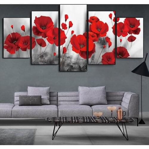 5Plane Abstract Red Flower Canvas Painting Combined Abstract Red Poppy Posters and Prints Wall Art Picture For Living Room