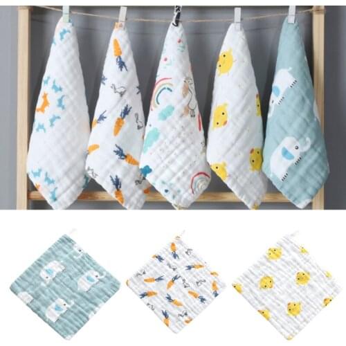 5Pcs/Set 6-Layers Muslin Cotton Baby Washcloths Cartoon Animal Fruit Printed Newborn Face Towels Infant Bibs Absorbent 69HE