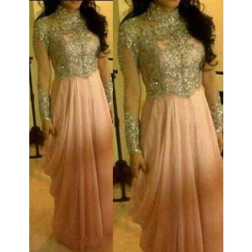 Arabic Muslim Pink High Neck Chiffon Evening A-Line Stunning Sequins Long Sleeve Beading Evening Gowns Mother of Bride Dresses