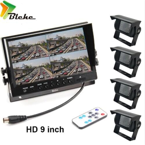 Blchc DC 12V/24V 9 Inch 4CH Video Input Car Parking Monitor With 4 Rear View Camera 15M Cable For Truck Caravan Vans