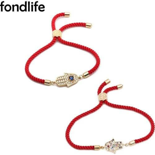 Sparkling Cubic Zirconia Crystal Blue Evil Eye Hamsa Hand Charm Bracelet Women Red Cord Good CZ Luck Protect Adjustable Jewelry