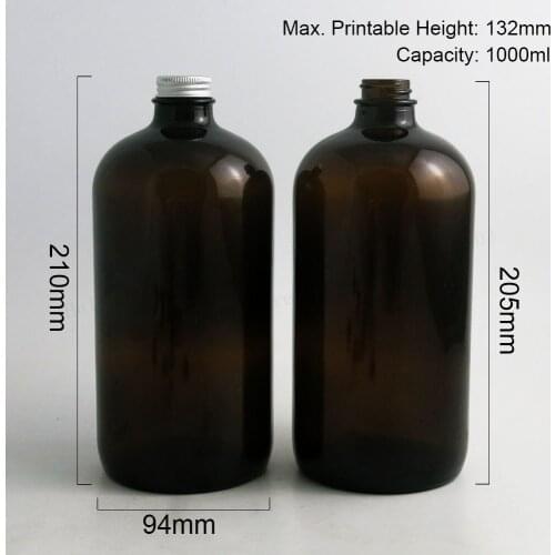 2pcs 1000ml Large Refillable 33 Oz Amber Boston Round Glass Bottles with Silver Aluminum Cap 1000cc Glass Containers