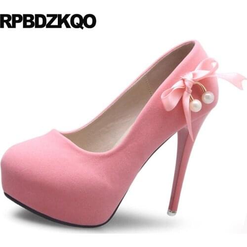 Bow Bride Bridal Pearl Ladies Velvet Shoes Stiletto Pink Round Platform Pumps Ultra Fetish Extreme High Heels Dress 12cm 5 Inch