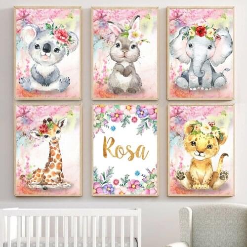 Personalized Name Pastel Poster Custom Nursery Wall Art Baby Girl Bedroom Canvas Painting Print Pink Fllower Watercolor Pictures