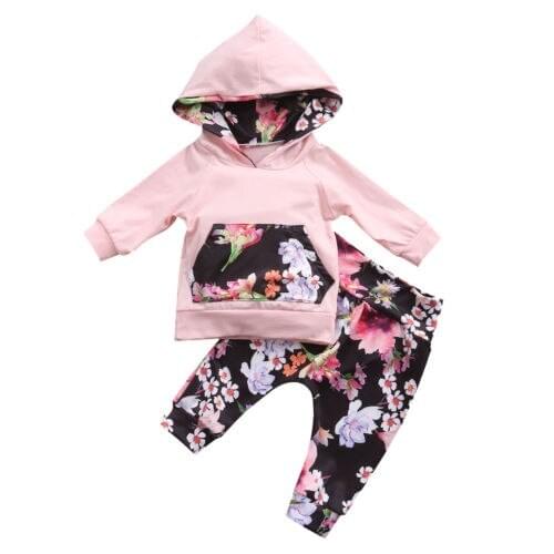 2018 Brand High Quality Newborn Baby Kids Girls Clothes Floral Hooded Tops +Long Pants 2PCS Outfits Set 0-24M