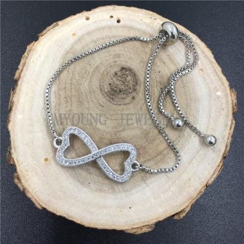 MY0735 Bowknot Micro Pave CZ Zirconia Round Connector Double Heart Shape Pendant Charm with Adjustable Chain Bracelet