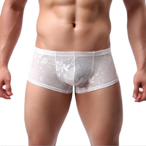Mens Boxer Sexy See-through Underwear Men See Through Lace Boxershorts Mesh Man Panties Low Waist U convex Male Underpants
